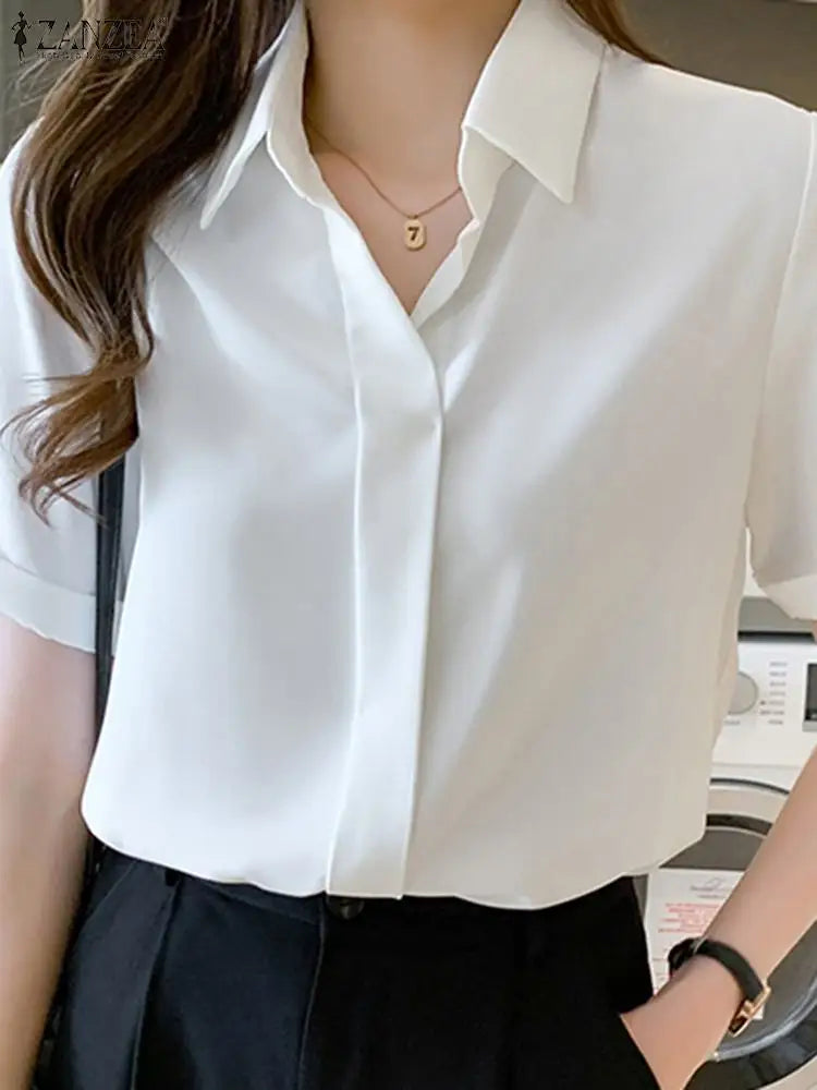 Women Summer Blouses Elegant Solid Shirts  Casual Lapel Short Sleeve Office Lady Work Blusas Female OL Tunic Chemise