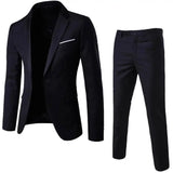 1 Set Men Blazer Pants Solid Color Long Sleeve Slim Fit Turndown Collar Temperament One Button Pockets Suit Set Men Clothes