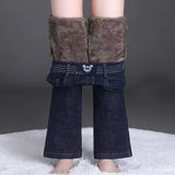 Jeans Women's Fleece-lined Thickened High-waisted Straight-leg Elastic Waist Bell-bottom Pants Warm Autumn/winter