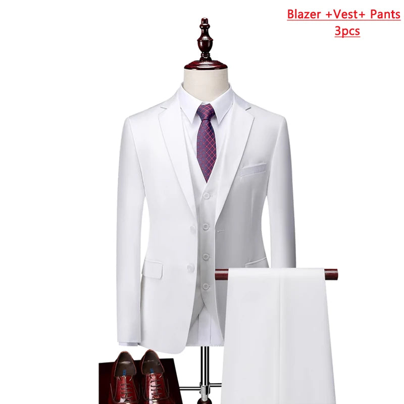 ( Jacket + Vest+Pants ) High-end Brand Formal Business Mens Suit Three-piece Groom Wedding Dress Solid Color Suit