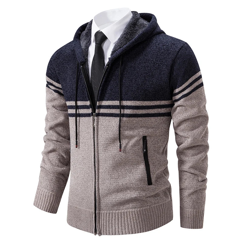 Men's New Winter Sweater Thick Fleece Warm Sweater Casual Stand Collar Zipper Cardigan Fashion Striped Coat