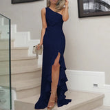 Women's Dress Evening Slit Solid Color Elegant Asymmetric Off-Shoulder Long Dress for Female