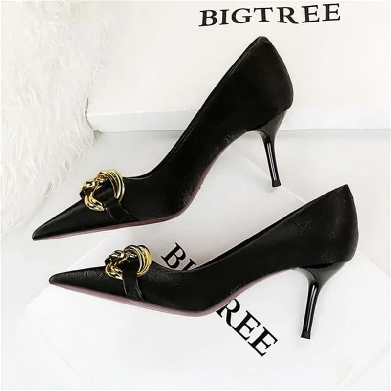 BIGTREE Women's Fashion Nude Metal Buckle Pumps High-Heels Sexy Party Stilettos Heels Office Spring Shoes