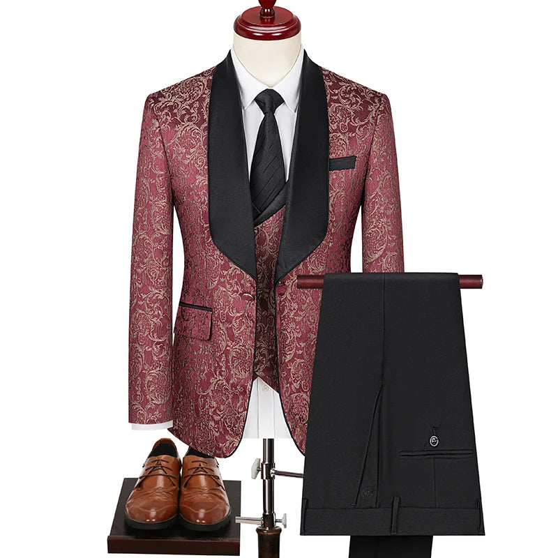 Spring New Men's (suit + Vest + Trousers) British Style Business Casual Three-piece High-density Jacquard Wedding Dress