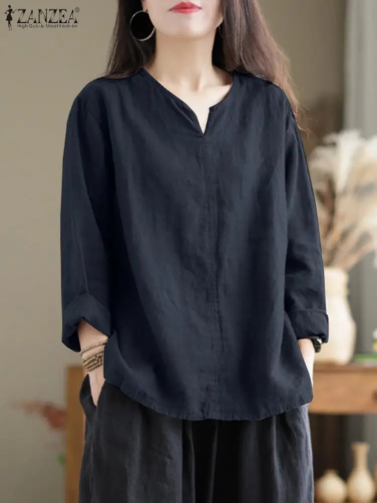 Vintage Women's Blouse Autumn Long Sleeve Shirt Female V Neck Work Holiday Blusas Casual Solid Loose Shirt Cotton Chemise