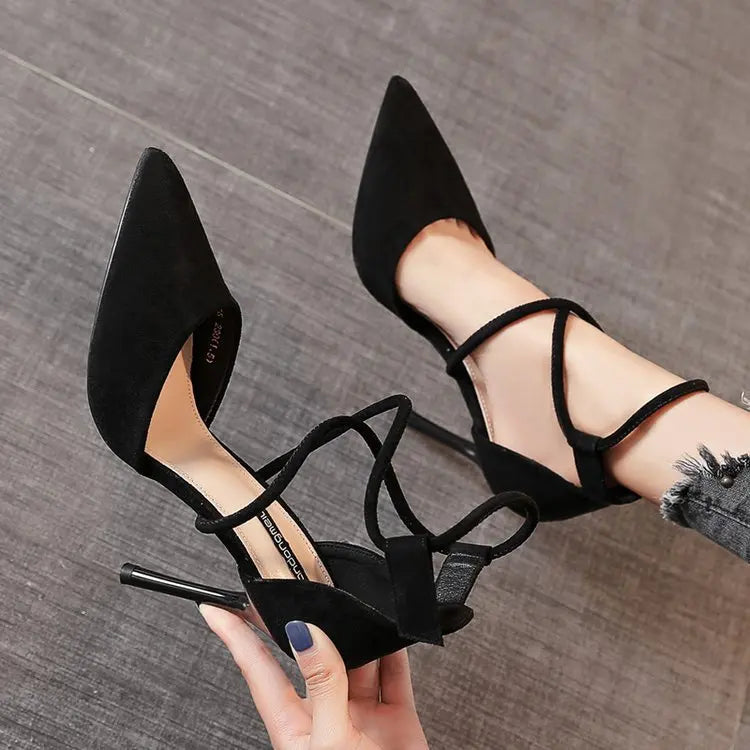 New Cross-strap Roman Sandals Suede High Heels Women's Shoes One-line Buckle Fine Heel Pointed Sandals Zapatos De Mujer