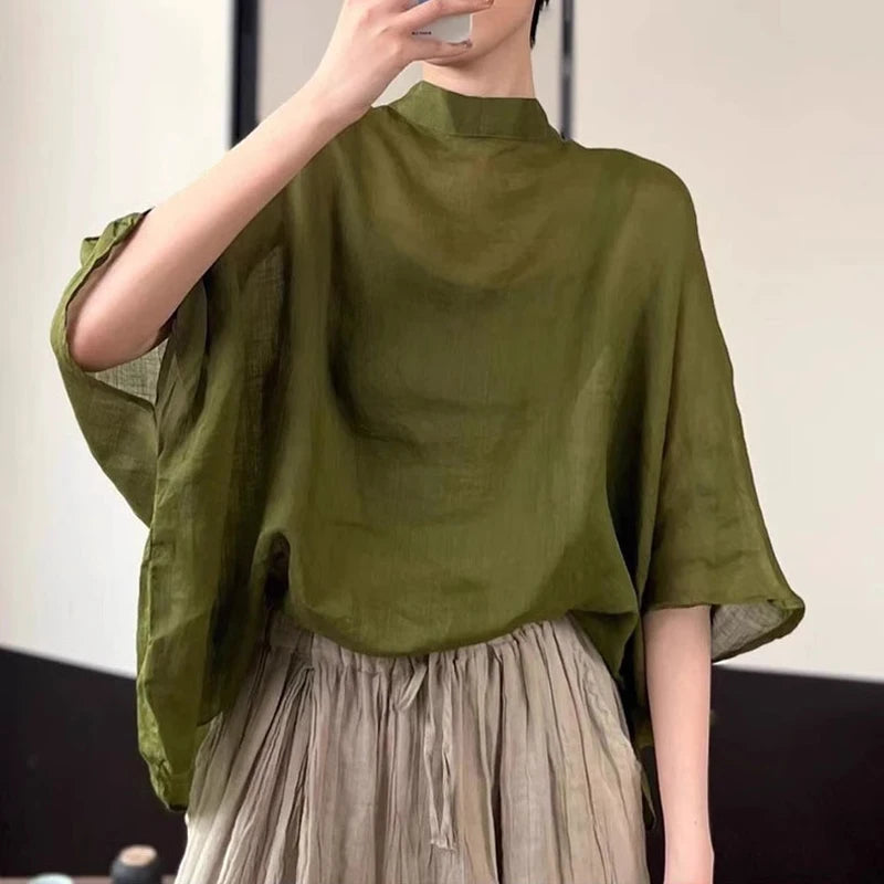 Women Bat Half Sleeve Blouse Summer Asymmetrical Tops Thin Stand Collar Tunic Casual Loose Transparent Tops Oversize