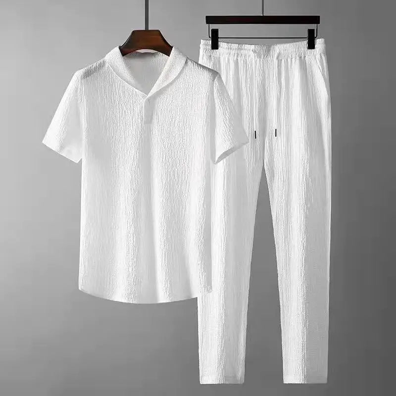 (Shirt+Trousers) Summer new arrival Men Fashion Classic Shirt men Business Casual Shirts Men A Set Of Clothes Size M-4XL