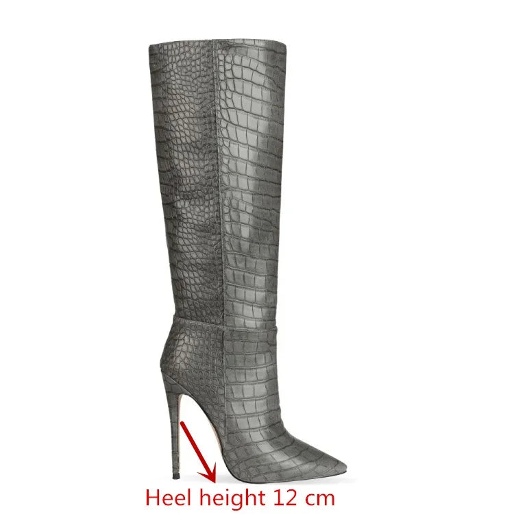 Pointed Toe Stiletto Boots for Women, Snake Pattern Sleeve, Long Tube Shoes, European and American Fashion, Winter