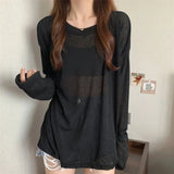 Mesh Sunscreen Clothing Long Sleeved T-shirt Cover Women's Summer Thin Fairy Tops Ladies Korean Casual Bottom Shirt Loose Blouse