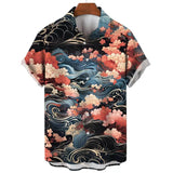 Shanhaijing Ukiyoe Waves and Clouds Printed Men's Short-sleeved Shirt Casual Daily Summer Fashion Street Trend Tops Oversized