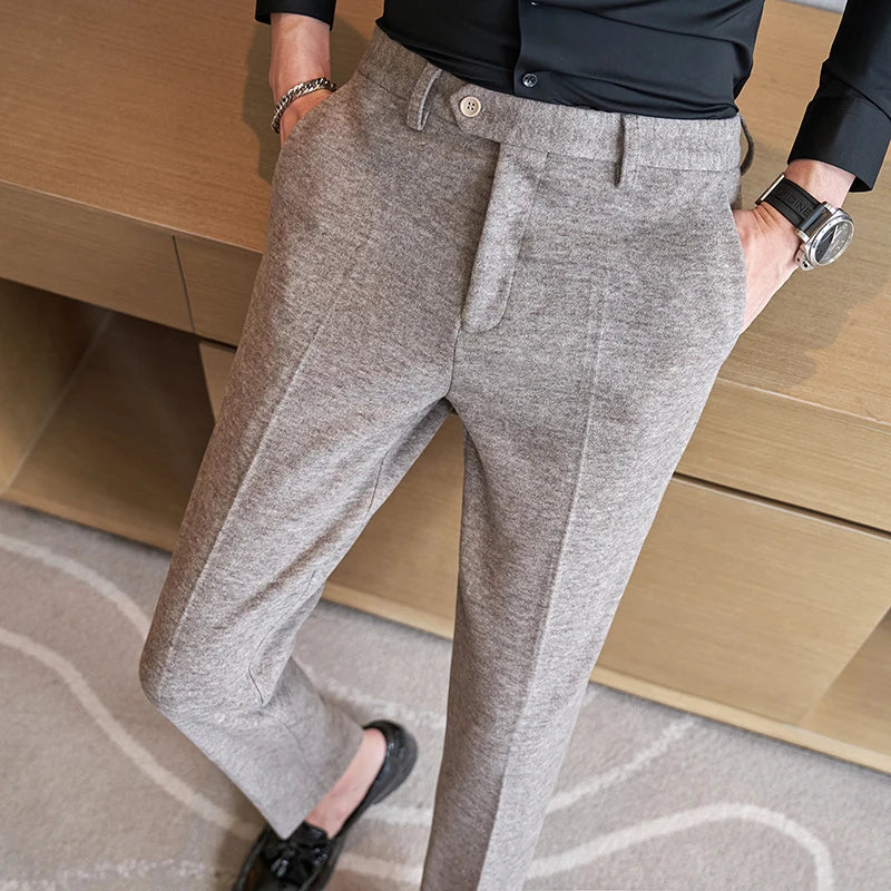 QJ CINGA New Grey Men's Woolen Pants, Autumn/Winter Thick Trousers Men, Slim Business Pantalones Hombre Fashion Slacks