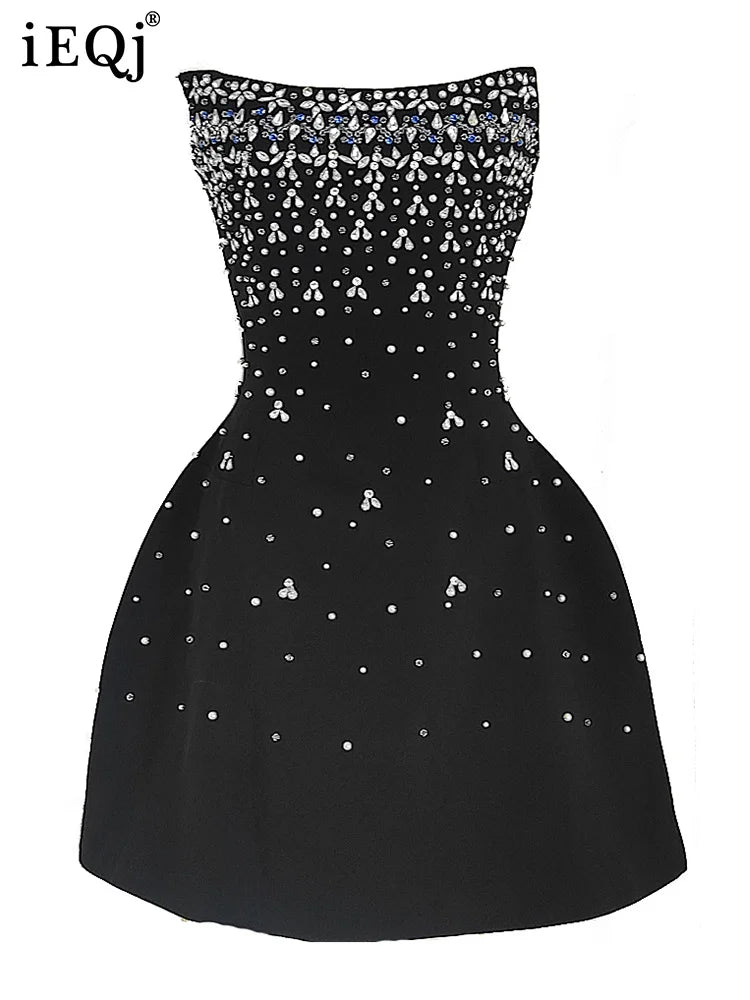 French Style Diamond Spliced Party Mini Dresses For Women Slash Neck Sleeveless High Waist Black Female Dress