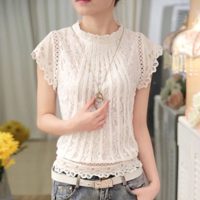 Summer Casual Solid Blouses for Women Petal Sleeve Floral Lace Tops Sweet Chiffon O-neck Short Shirts Elegant Chic New