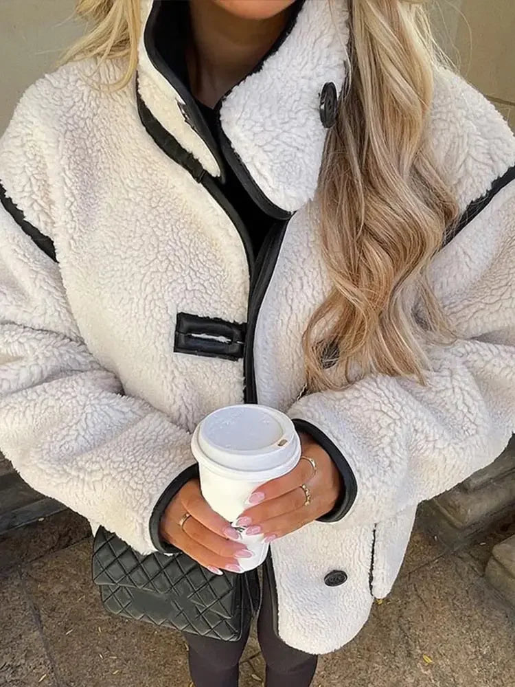 White Lamb Wool Chic Coat Women Single Breasted Stand Collar Striped Warm Loose Chic Overcoat 2024 Winter Long Sleeve Jacket Top