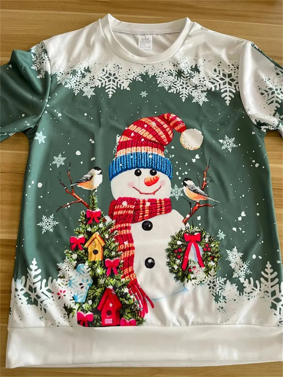 Christmas snowman print autumn and winter women's long-sleeved round neck casual pullover large size sweatshirt