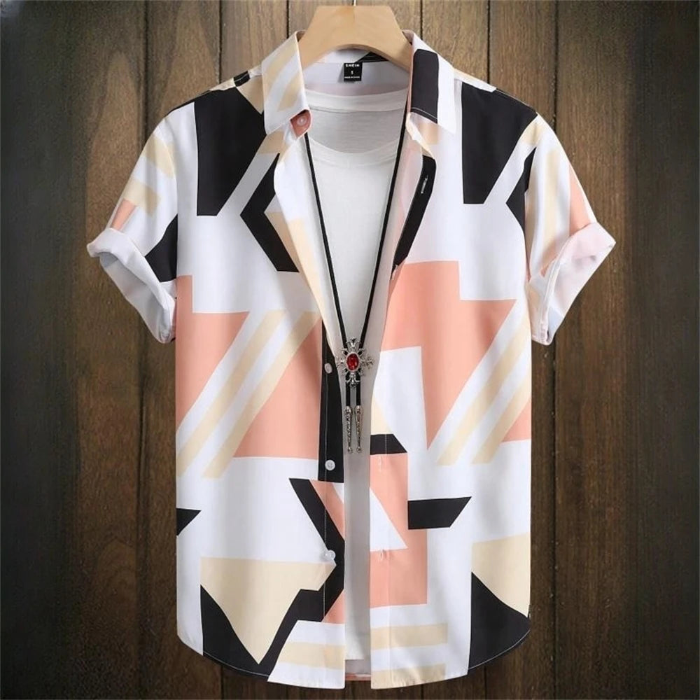 3D Printed Geometry Men's Shirts Color Block Graphics Fashion Button Short Sleeve Lapel Hawaiian Blouse shirts for men Summer