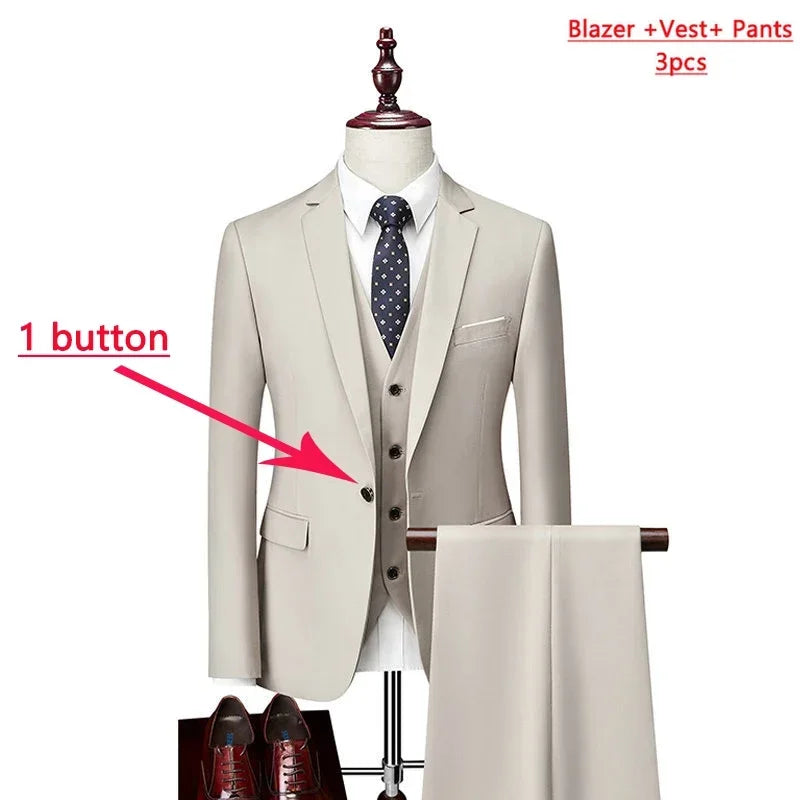 ( Jacket + Vest+Pants ) High-end Brand Formal Business Mens Suit Three-piece Groom Wedding Dress Solid Color Suit