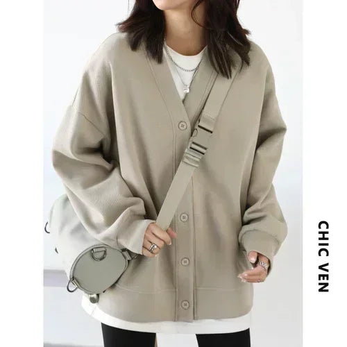 CHIC VEN Korean Autumn Winter Women's Sports Coat Casual Loose V-neck Sweatshirt for Women Thick Warm Tops Office Lady Female