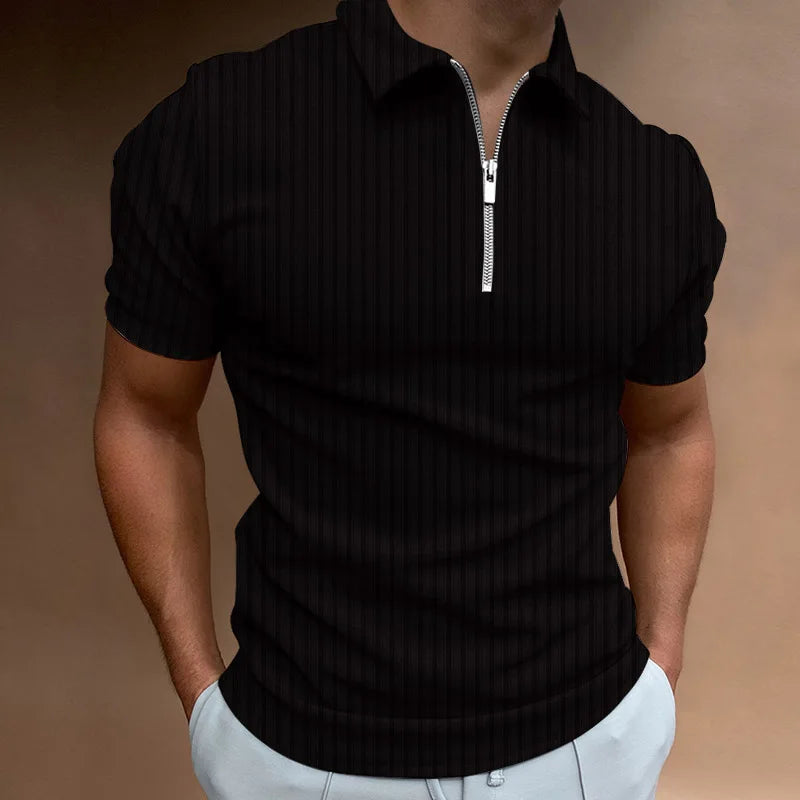 Men's Fashion Polo Shirts Summer Stripe Zipper Mens Polo Shirt Solid T-Shirt Brand Short-Sleeved Shirt Casual Slim Tops