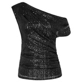 GRACE KARIN Ones Shoulder Sequin Sparkly Tops For Women Ruched Asymmetrical Glitter Tops Slimming Sparkle Party Shirts Pullover