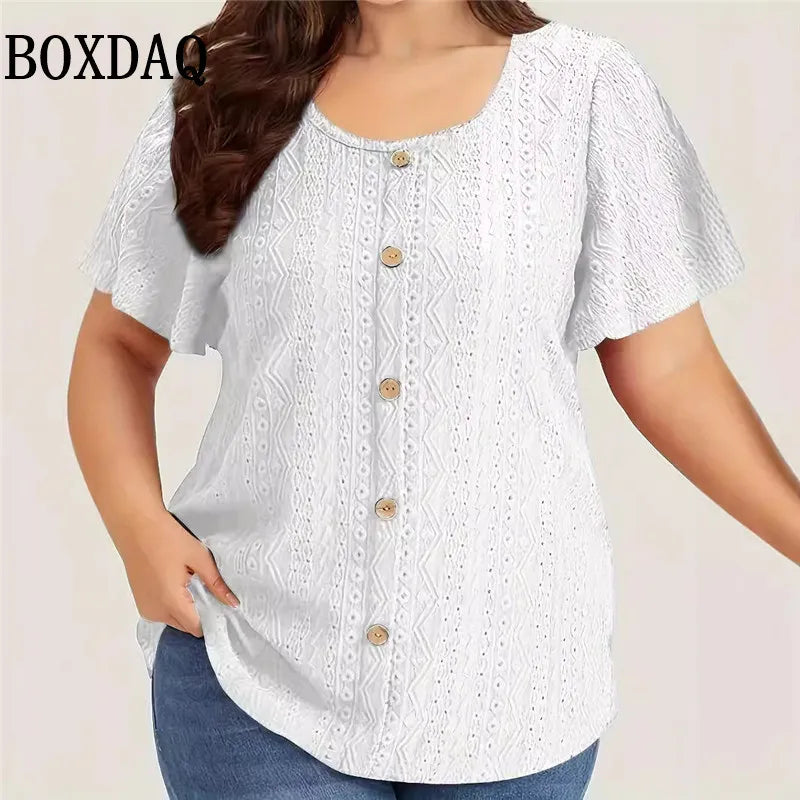 5XL Plus Size Summer Hollow Out Black White Tops Women Loose Casual Button Ladies Solid Short Sleeve Fashion Woman T-Shirts