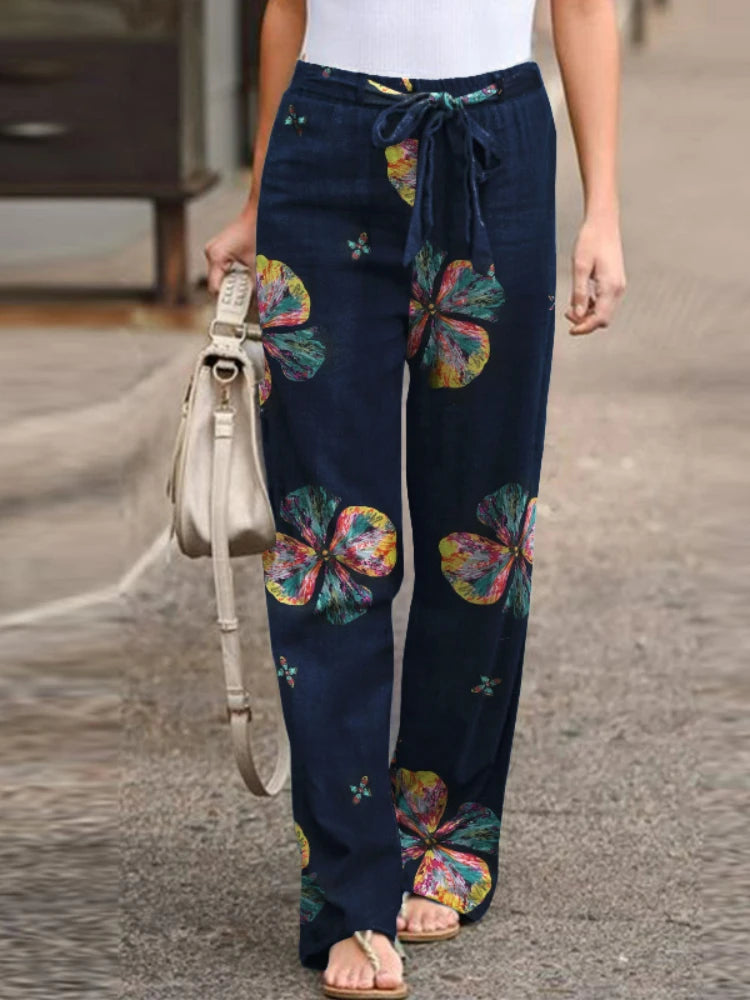 New Summer Fashion Casual Simple Comfortable Elastic Waist Cotton Hemp Large Size Printed High Waist Wide Leg Pants