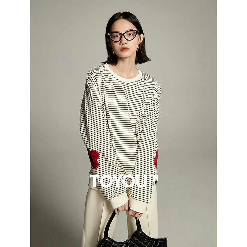 Toyouth Women Sweatshirt Autumn Long Sleeve O Neck Loose Hoodie Black and White Stripes Flower Embroidery Casual Tops