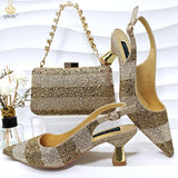 Women Heel Party Ladies Italian Design Green Shoes And Bag Set Decorated with Rhinestone Handbag Wedding Party