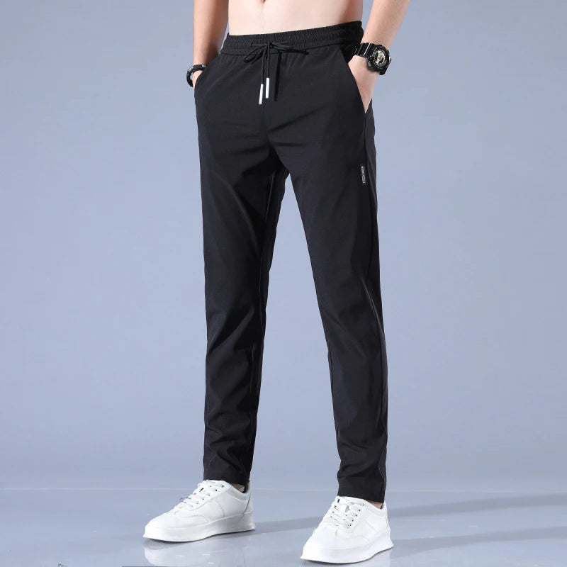 Ice Silk Men's Pants Summer New Black Gray Thin Business Casual Pants Outdoor Elastic Breathable Straight Leg Sweatpants