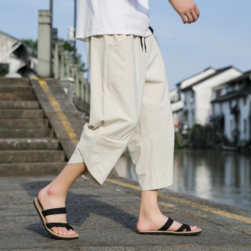 Cotton and Linen Capri Pants Men's Summer Thin Linen Pants Casual Beach Pants Men's Pants Shorts