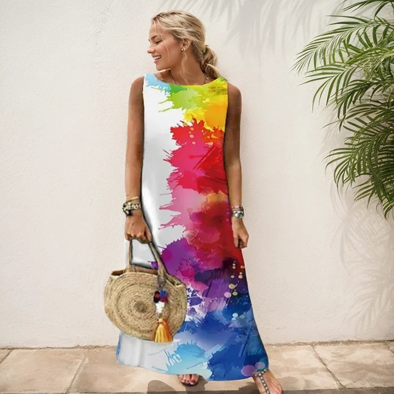 Elegant Printed O-Neck Sleeveless Women Dress Fashion Summer Loose Casual Beach Long Dresses Ladies Boho Maxi Dress Vestidos