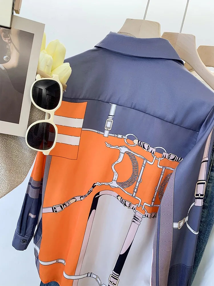 Luxury Brand Design Imitation Silk Orange Grey Summer Long Sleeves Shirt For Women Elegant Fashion Lady Top Clothes