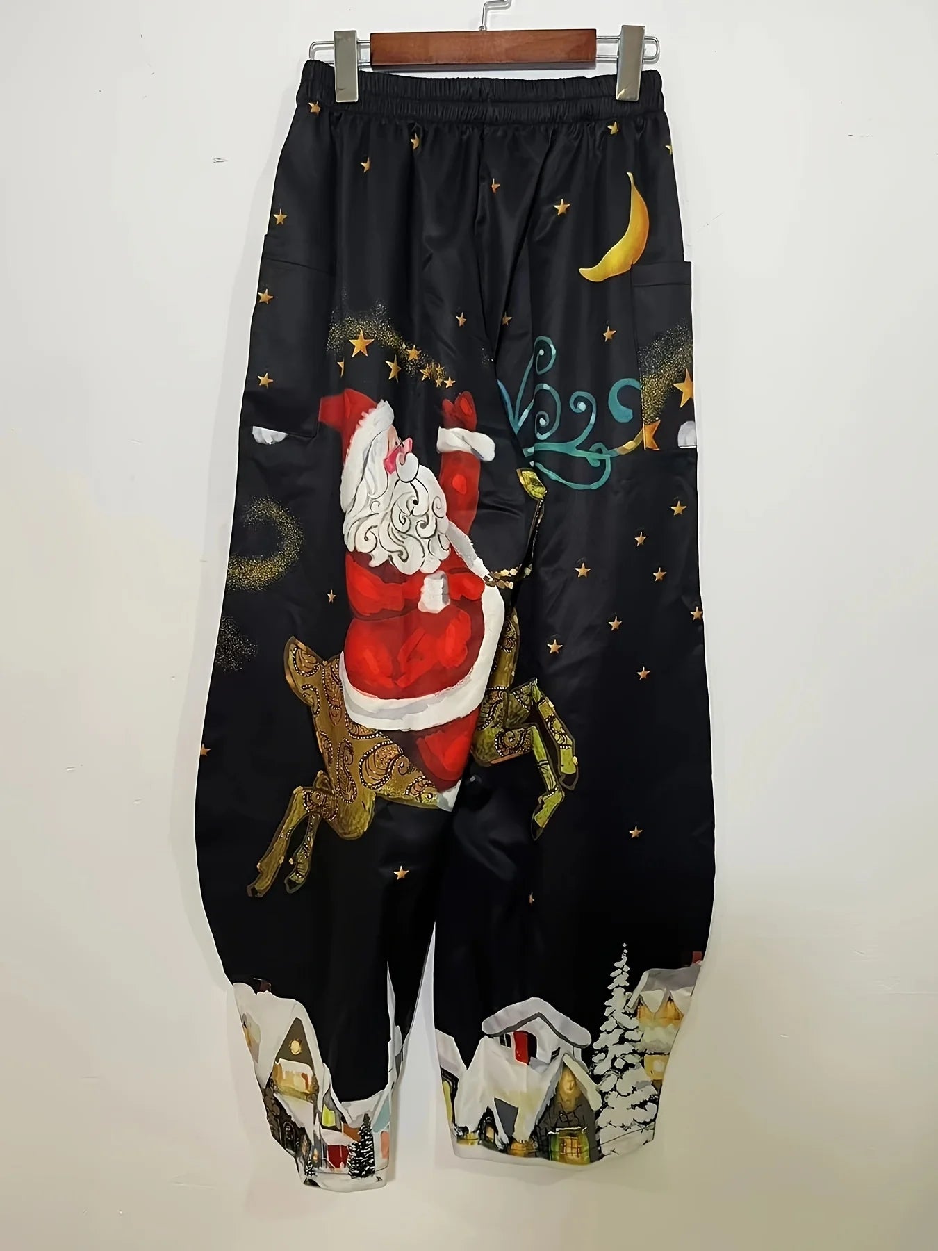 Ladies'Casual Pants Santa Claus Reindeer Print Elastic Waistband Pockets Casual Loose Pants Street Fashion Women's Clothing