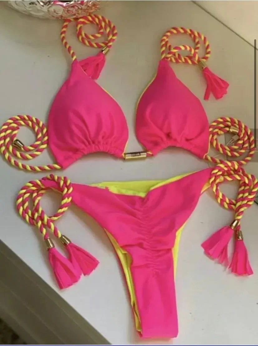 New Women Bikini Backless Rope Triangle Swimsuit Multicolor