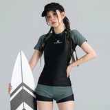 Short Sleeve Women Black Green Two Piece Swimsuit Sun Protection Sports Girls Swimwear Korea Beach Bathing Suits Shorts Trunks