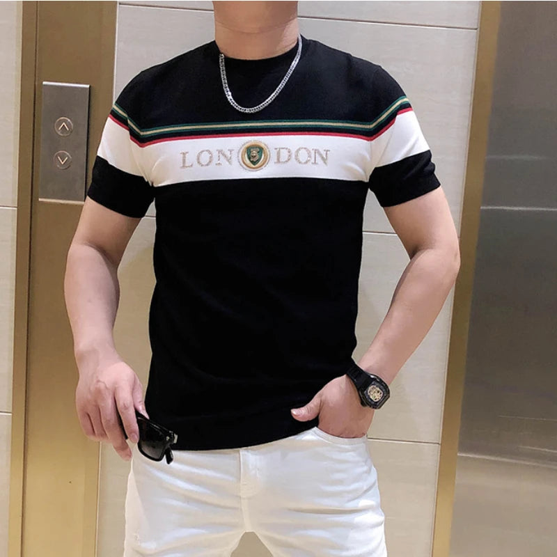 British Style Summer Men's Casual T-shirt Fashion Short Sleeve Slim Knitted T-shirt Male Round Neck Business Social Men Clothing