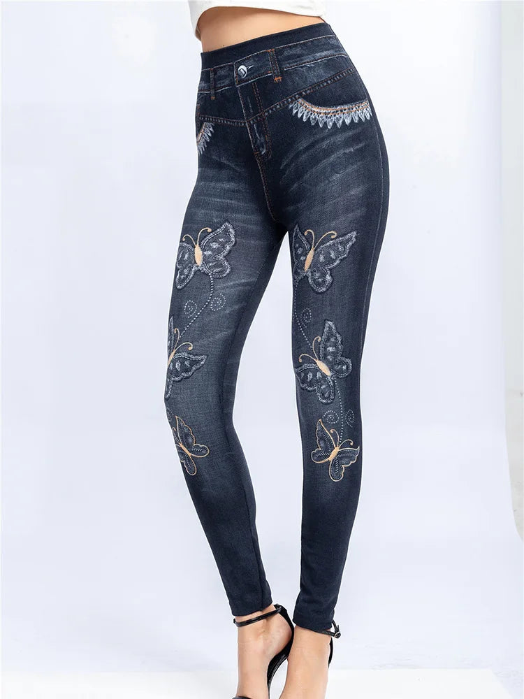 CUHAKCI Sexy Gym Leggins High Waist Elastic Butterfly Pritned Pencil Pants Faux Denim Leggings Female New Disign Hot Sale