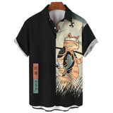 Fashion Men's Clothing Cool Samurai Cat Tops Summer New Men's Clothing Casual Short-Sleeved Anime Loose Blouse Hawaiian Shirts