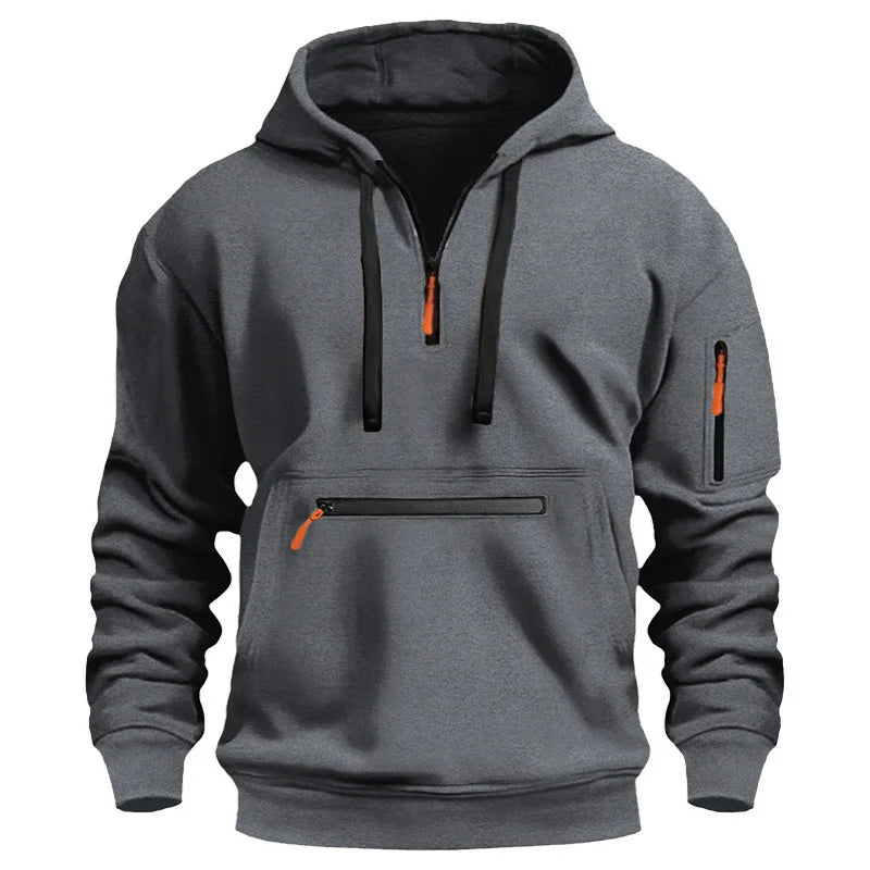 Men's casual sports hoodie, spring and autumn fashion arm pocket pull rope hooded solid color loose long-sleeved blouse pullover