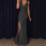 2024 Autumn Winter New European American Cross-border Amazon Side Slit Gold-embellished Long Evening Dress Sleeveless