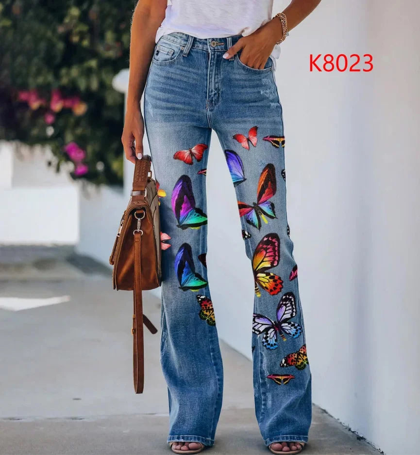 New Cross-Border Style Independent Station Denim Thin Jeans Women's Plus Size Printing European And American Trend