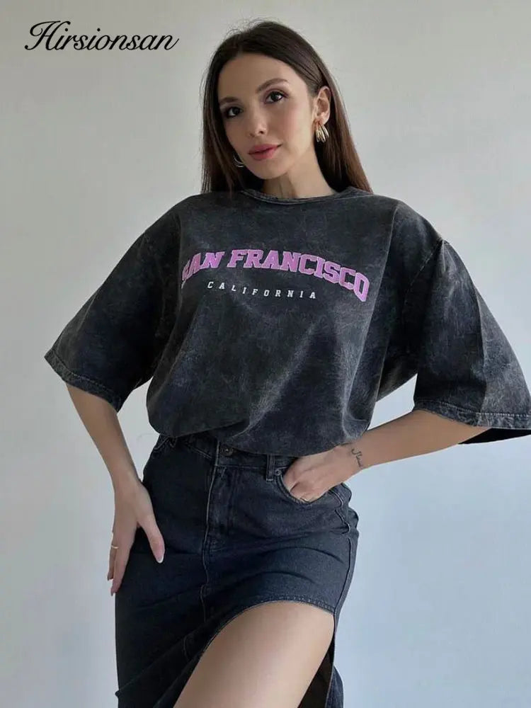 Hirsionsan Graphic Print Streetwear Tshirt Y2k Woman Short Sleeve Oversized Girls Casual Tees Soft Vintage Washed Old Cotton Top