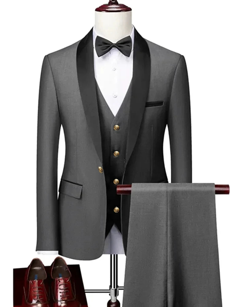 Men's Lapel Collar 3 Piece Suit Set Coat Vest Trousers / Business Groomsmen Groom Wedding Dress Blazer Jacket Pants Waistcoat