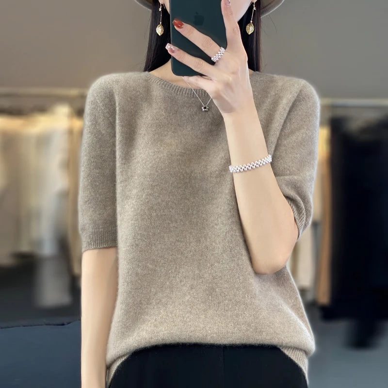 Fashion short half sleeve cashmere women's sweater 100% pure merino wool round neck pullover T-shirt