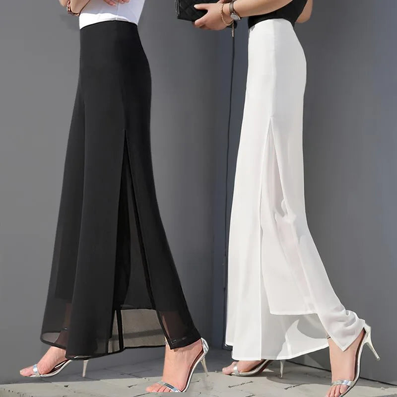 Chiffon Culottes High-Waisted Trousers L Skirt Gauze Loose Shuai Ku Straight Casual Pants Slit Wide Leg Pants Female