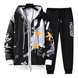 2 Pcs/Set Men Coat Pants Suit Hooded Letter Print Drawstring Loose Jogging Set Hip Hop Ankle-banded Men Sportwear Tracksuit