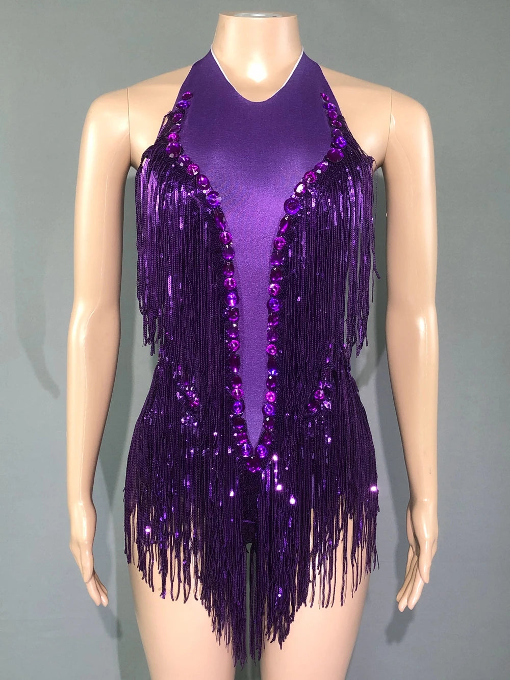 Sparkly Rhinestones Sequins Fringes Leotard Sexy Tassel Bodysuit One-piece Dance Costume Dancer Performance Show Stage Wear