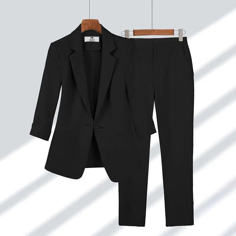 Summer New Thin Jacket Blazer Casual Wide Leg Pants Two Piece Elegant Women's Pants Set Office Outfits Business Clothing