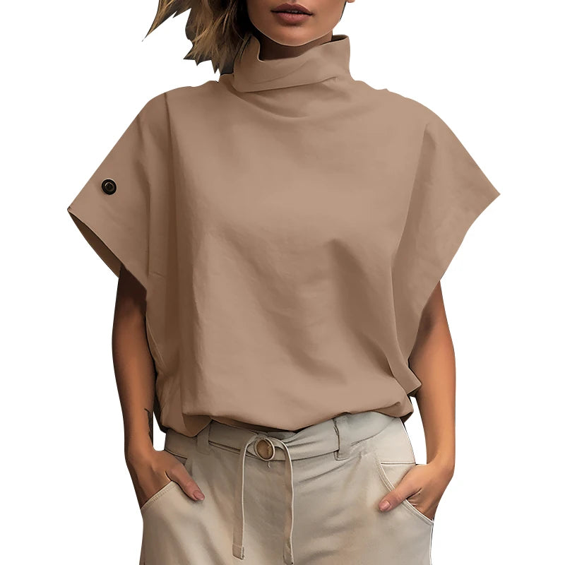 Women Fashion OL Work Shirt  Summer Elegant Turtleneck Short Sleeve Blouse Casual Loose Office Tops Party Blusas